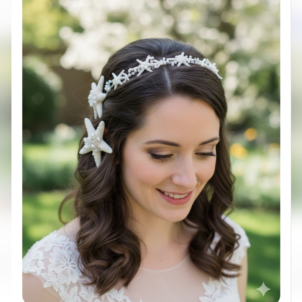 6pc Designer Bridal Mermaid Beach Princess Combs Pins & Tiara, Pearls & Sparkle
